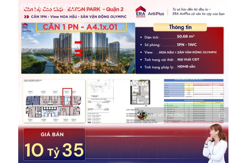 Eaton Park - chỉ 790 triệu, công chứng, sang tên ngay - căn 1PN + tháp A4 + view Rạch Chiếc